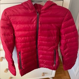 Lacoste Women Red Hooded Lightweight Puffer Jacket